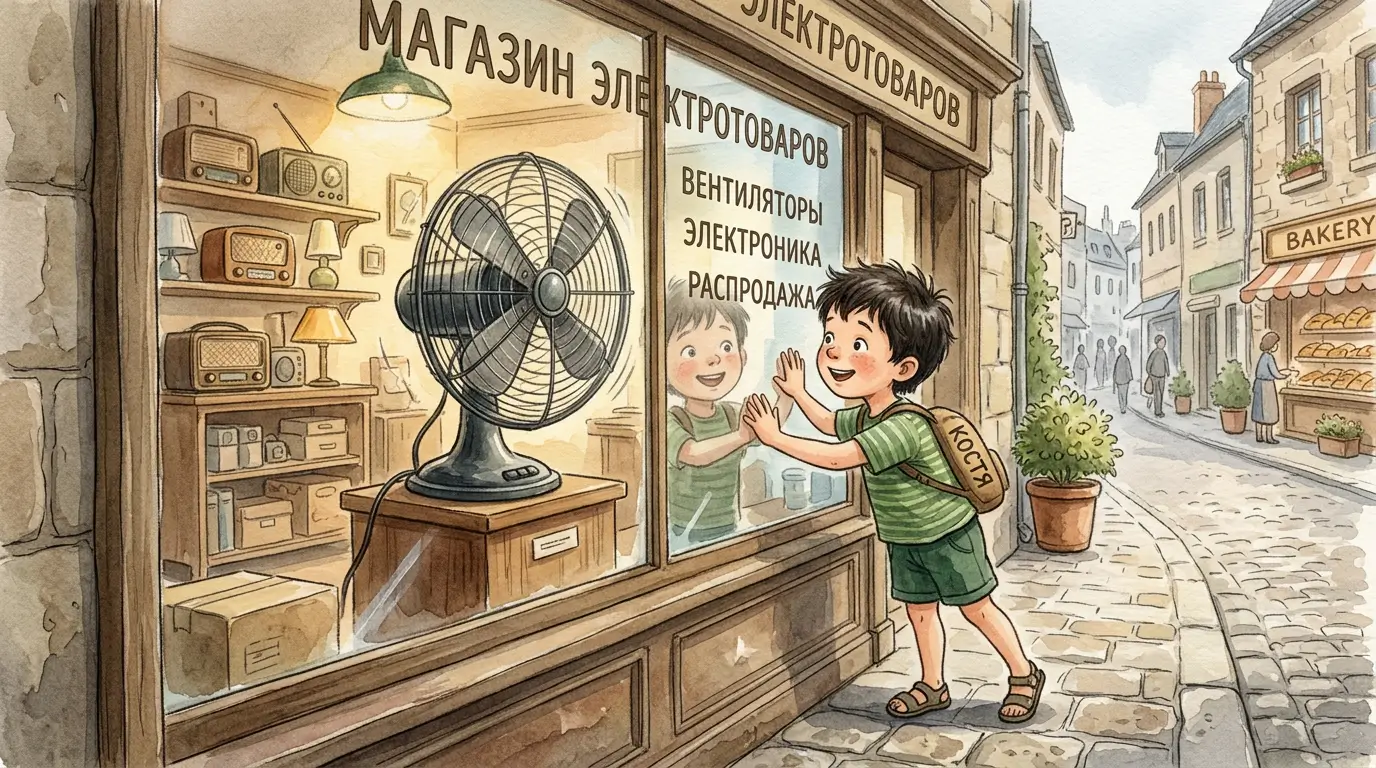 Маленький мальчик Костя стоит у витрины магазина с большим напольным вентилятором, прижав ладошки к стеклу, с восхищённым видом
